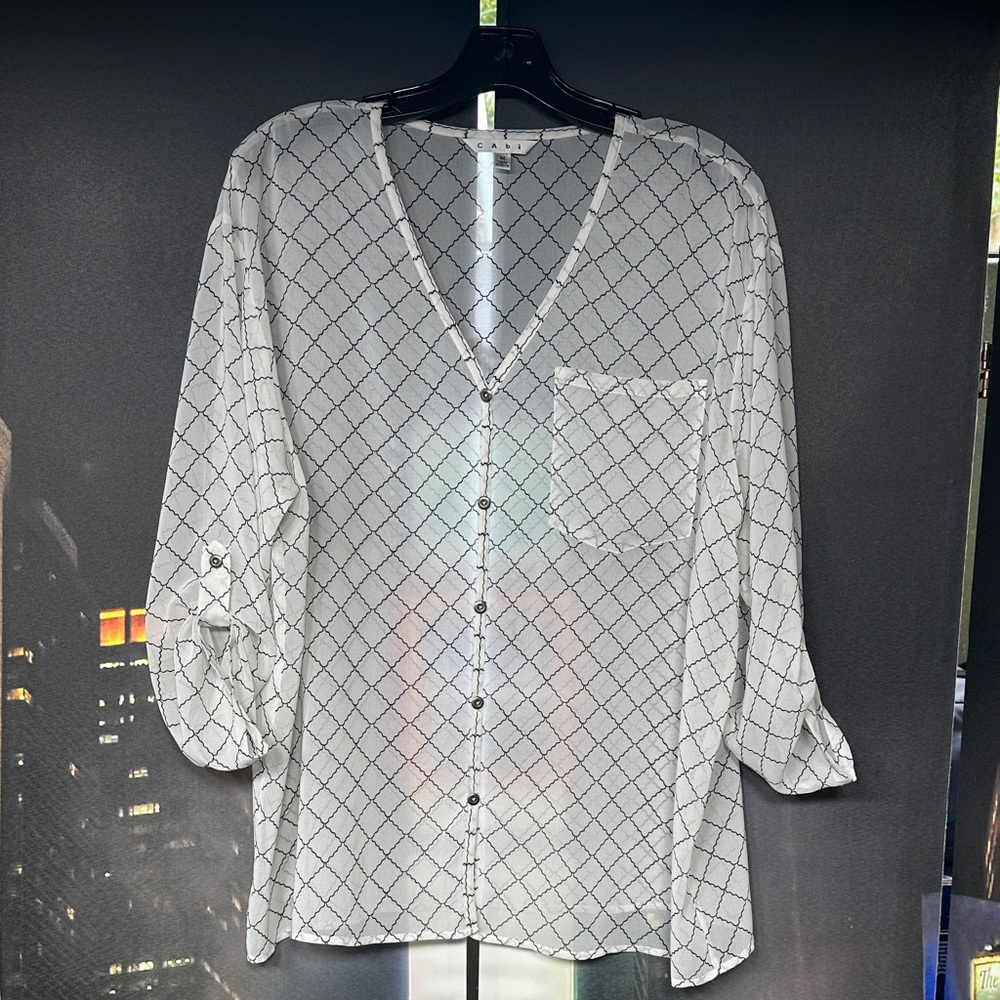 CAbi White and Black Checkered Blouse